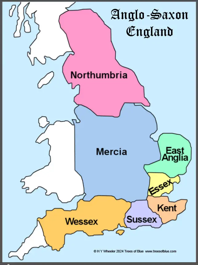 Anglo Saxon England showing the seven kingdoms